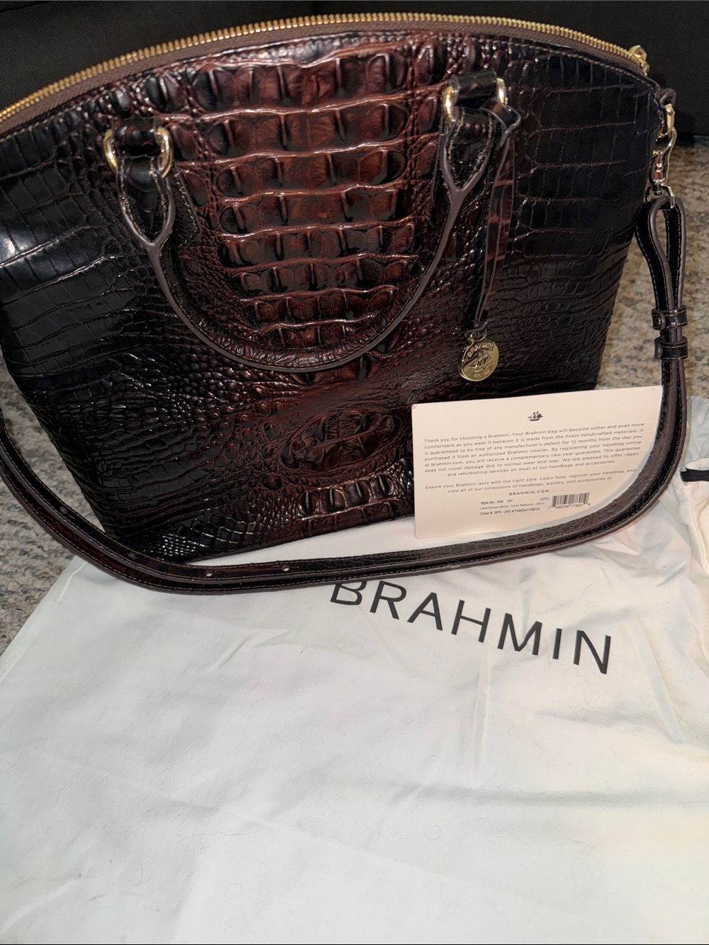Brahmin Croc-Embossed Satchel in Brown and Black